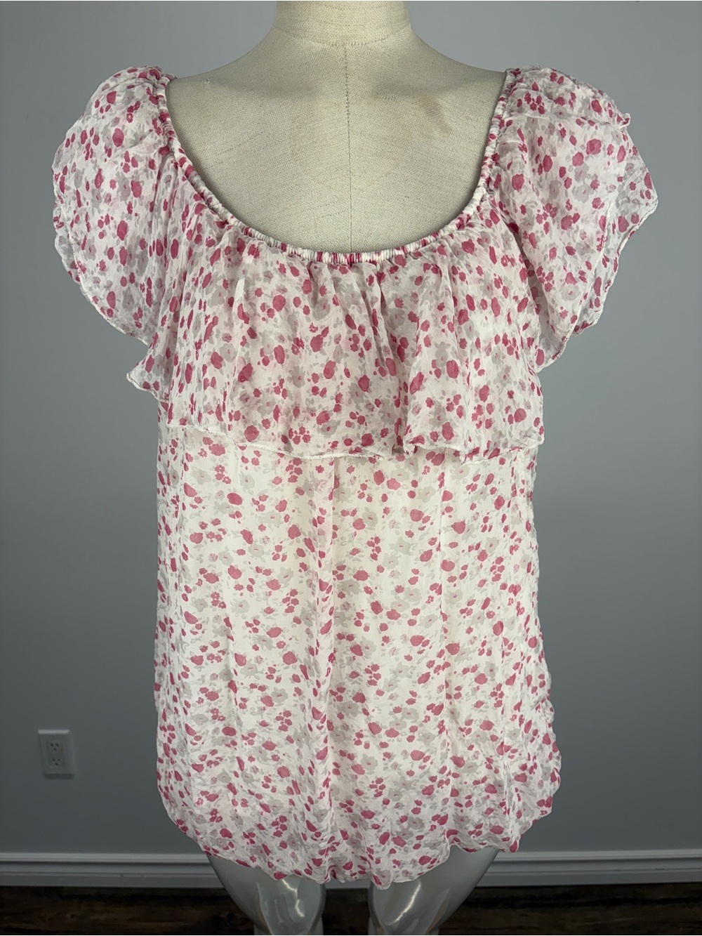 Elena Baldi Italy Pink Floral Ruched Blouse Cottagecore Romantic Top Size M